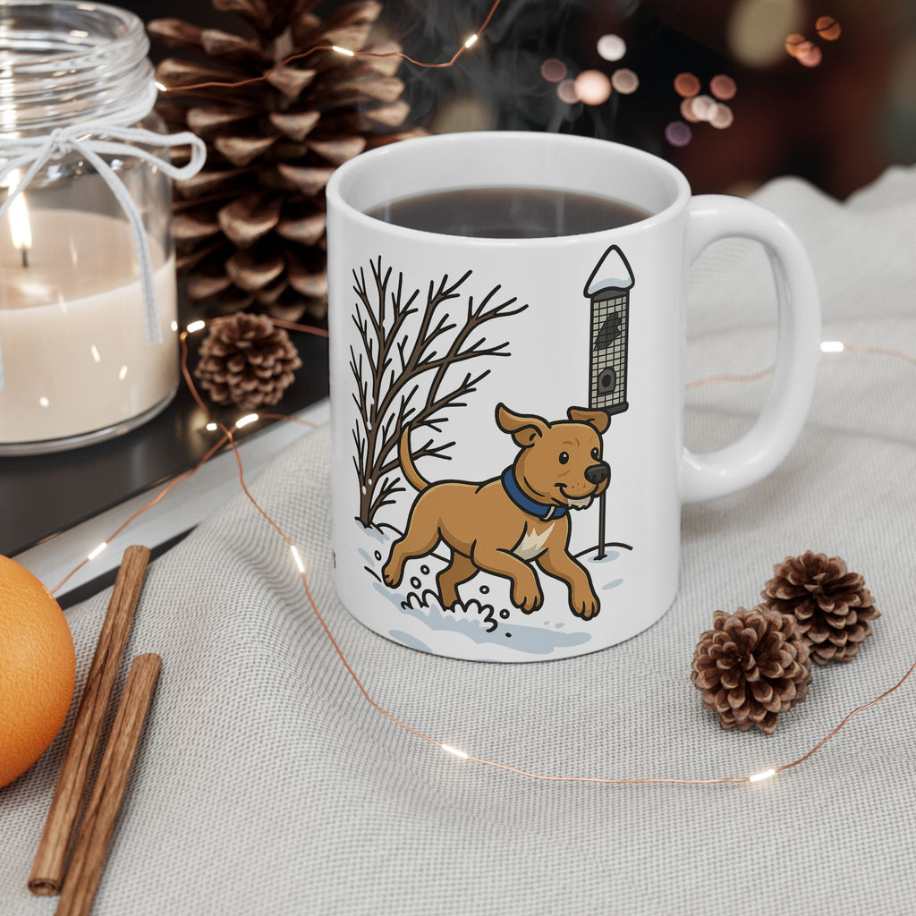 Rescue Puppy Running Through Snow Ceramic Mug — 11oz & 15oz