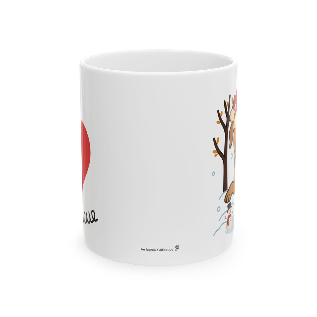 Holiday Rescue Puppy Ceramic Mug — Cute Dog in Santa Hat (11oz & 15oz)