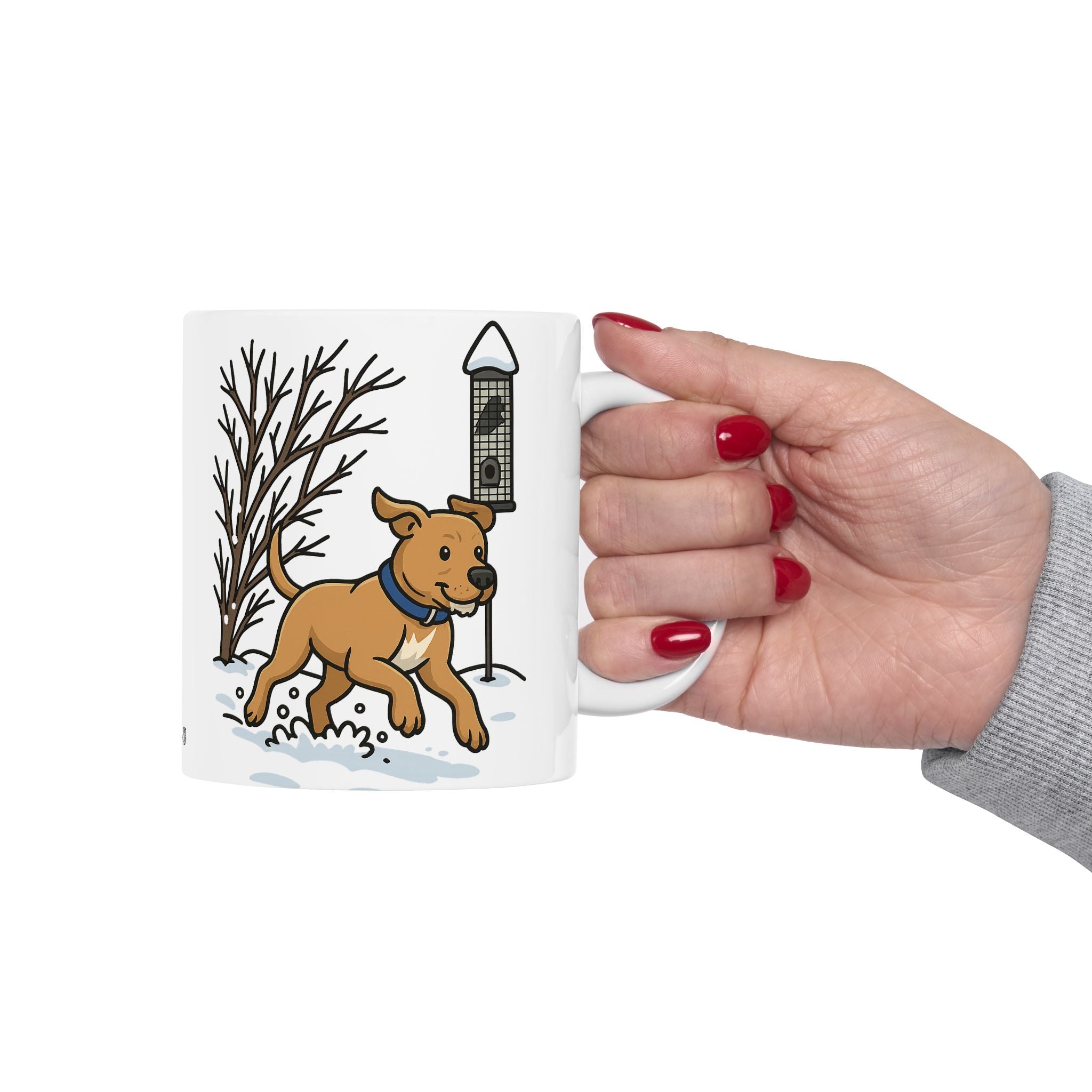 Rescue Puppy Running Through Snow Ceramic Mug — 11oz & 15oz