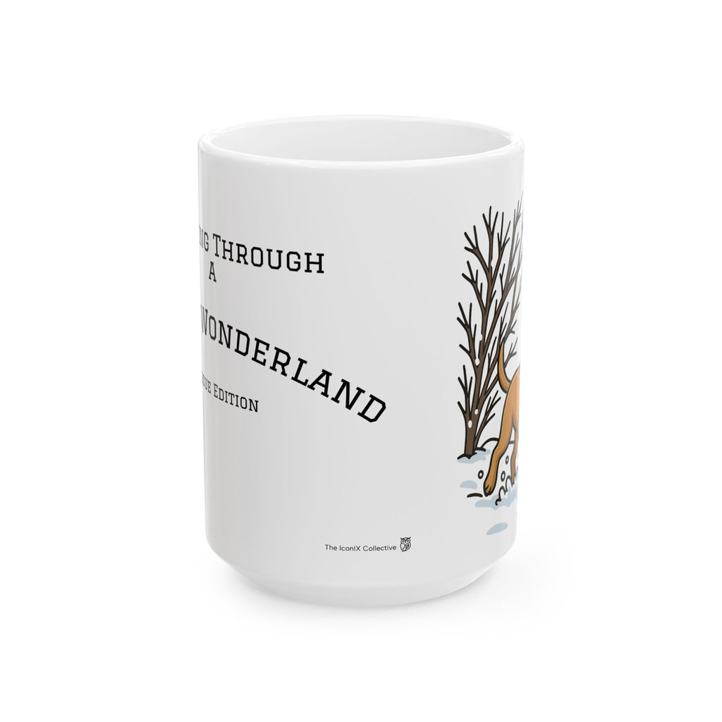 Rescue Puppy Running Through Snow Ceramic Mug — 11oz & 15oz