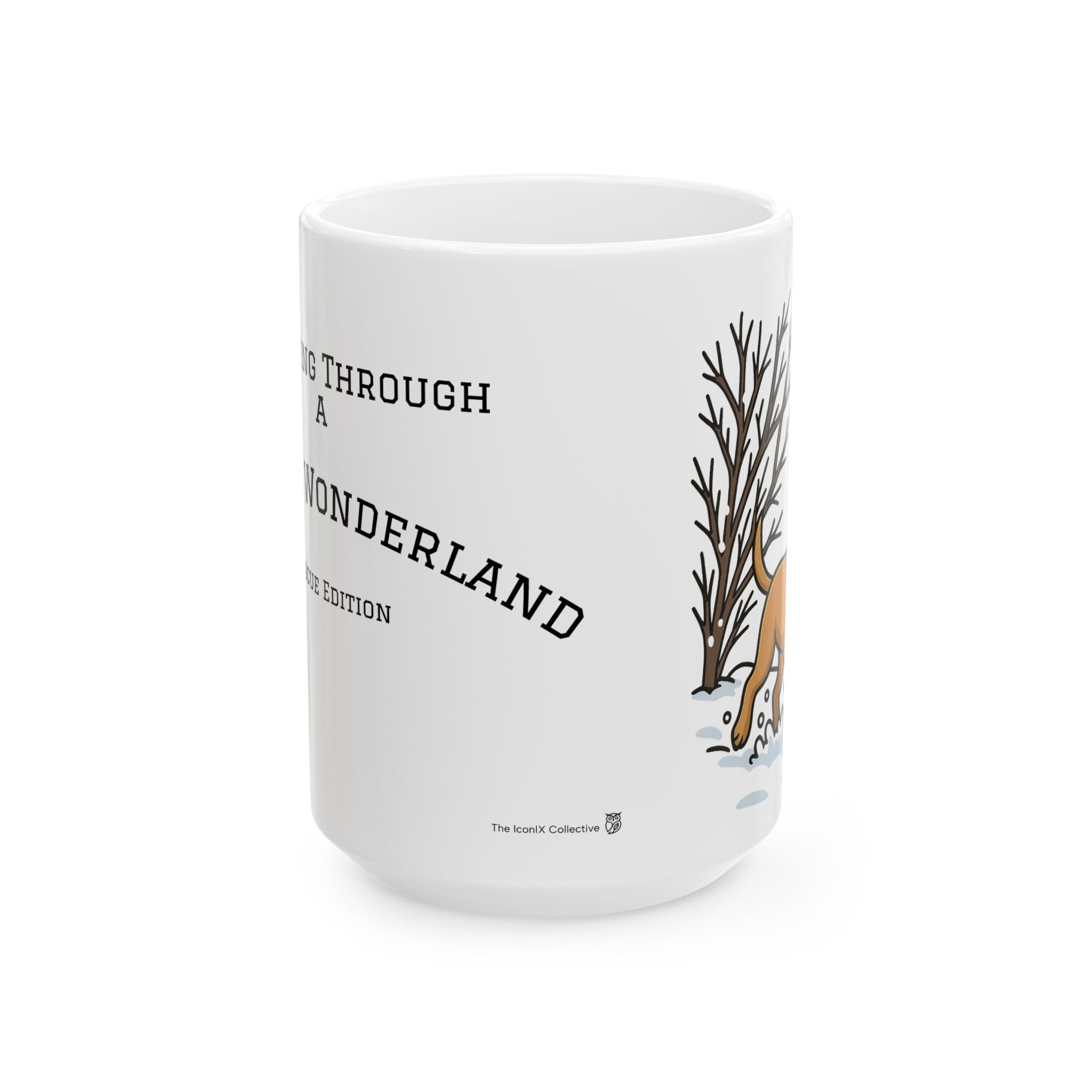 Rescue Puppy Running Through Snow Ceramic Mug — 11oz & 15oz