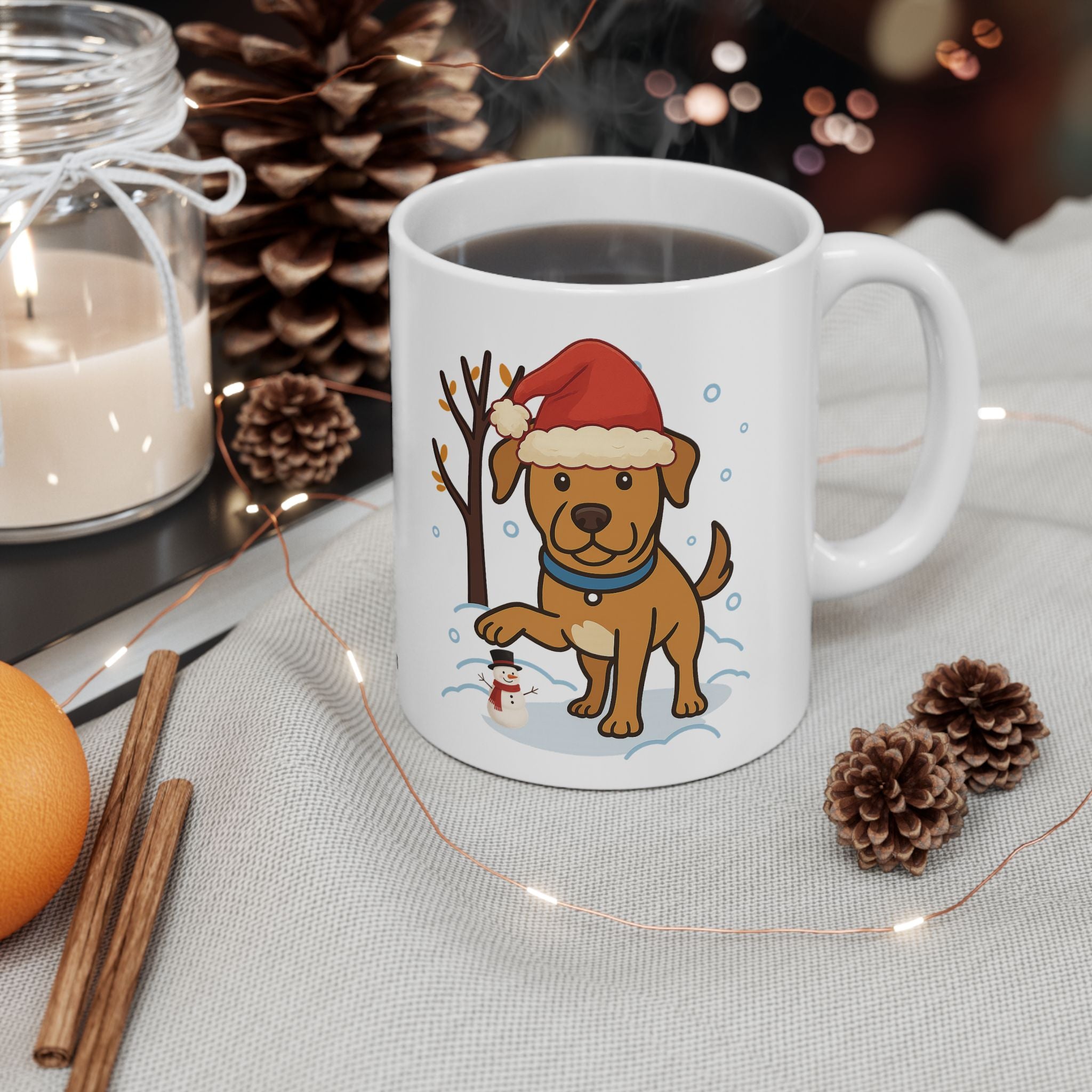 Holiday Rescue Puppy Ceramic Mug — Cute Dog in Santa Hat (11oz & 15oz)