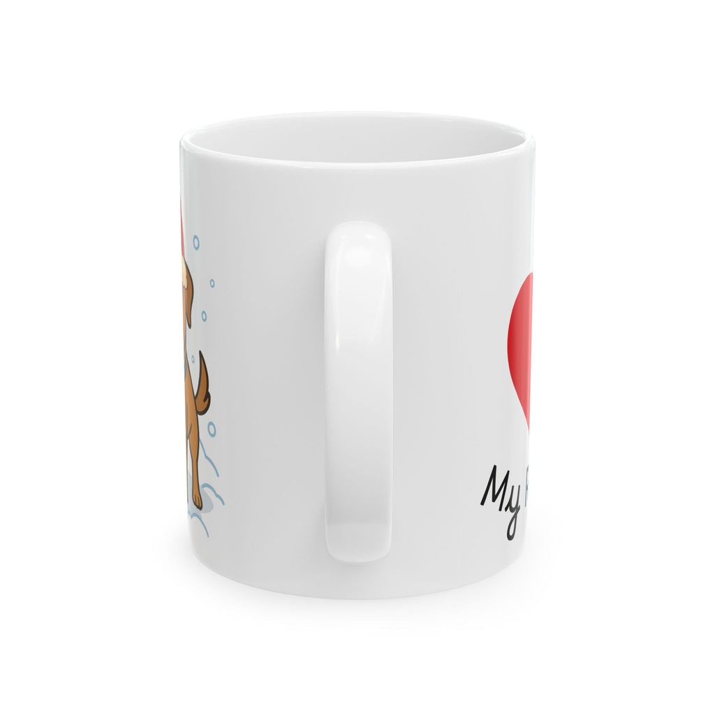 Holiday Rescue Puppy Ceramic Mug — Cute Dog in Santa Hat (11oz & 15oz)